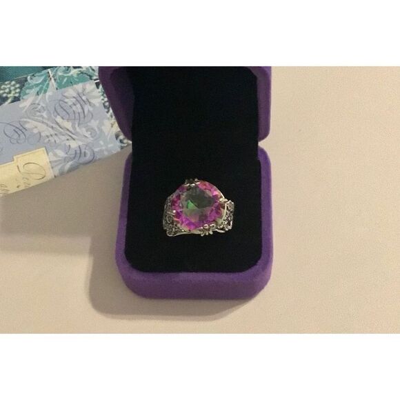 WOW~12.5 Ct. Round Mystic Topal Bold Floral Design Ring~925SS~Sz 9 - Picture 1 of 7
